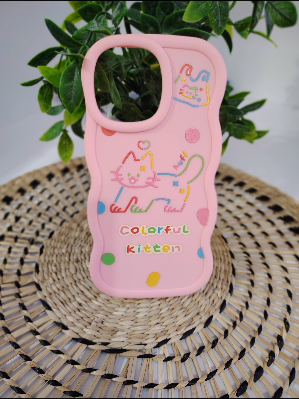 Pink Silicone Iphone 14 Pro Max Case with Colorful Kitten Design